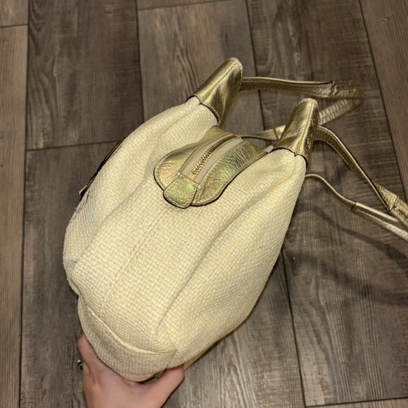 Coach Ivory Straw Embossed Embroidery Butterfly Gold Leather Trim Shoulder Bag - Picture 8 of 17